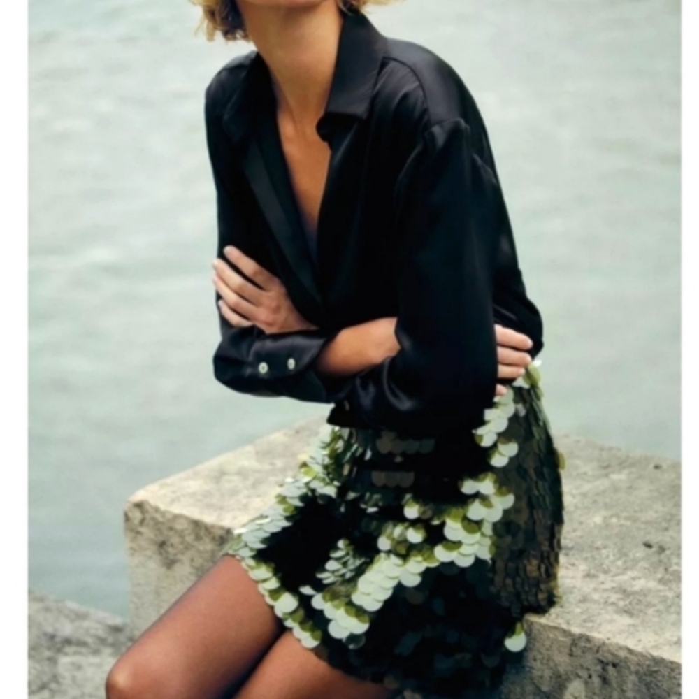Zara Black and Green Sequin Mini Skirt